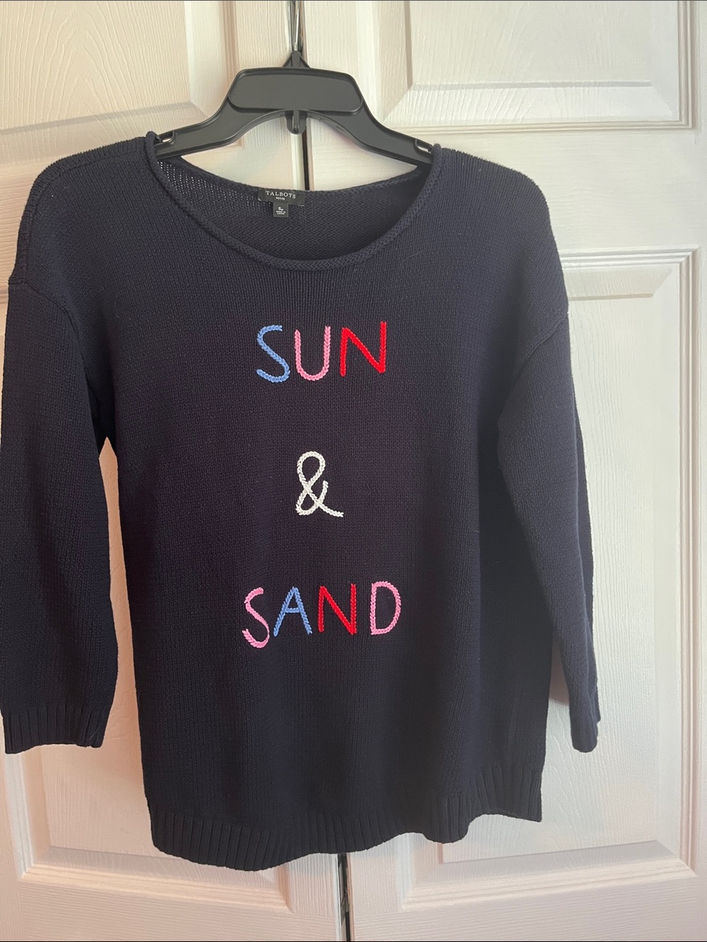 Fun Talbots Navy Sweater with Multicolor "Sun & Sand" Embroidery